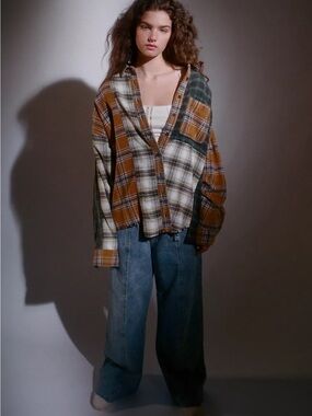 BDG Oversized Plaid Button-Up Shirt in Tan, Green, Cream